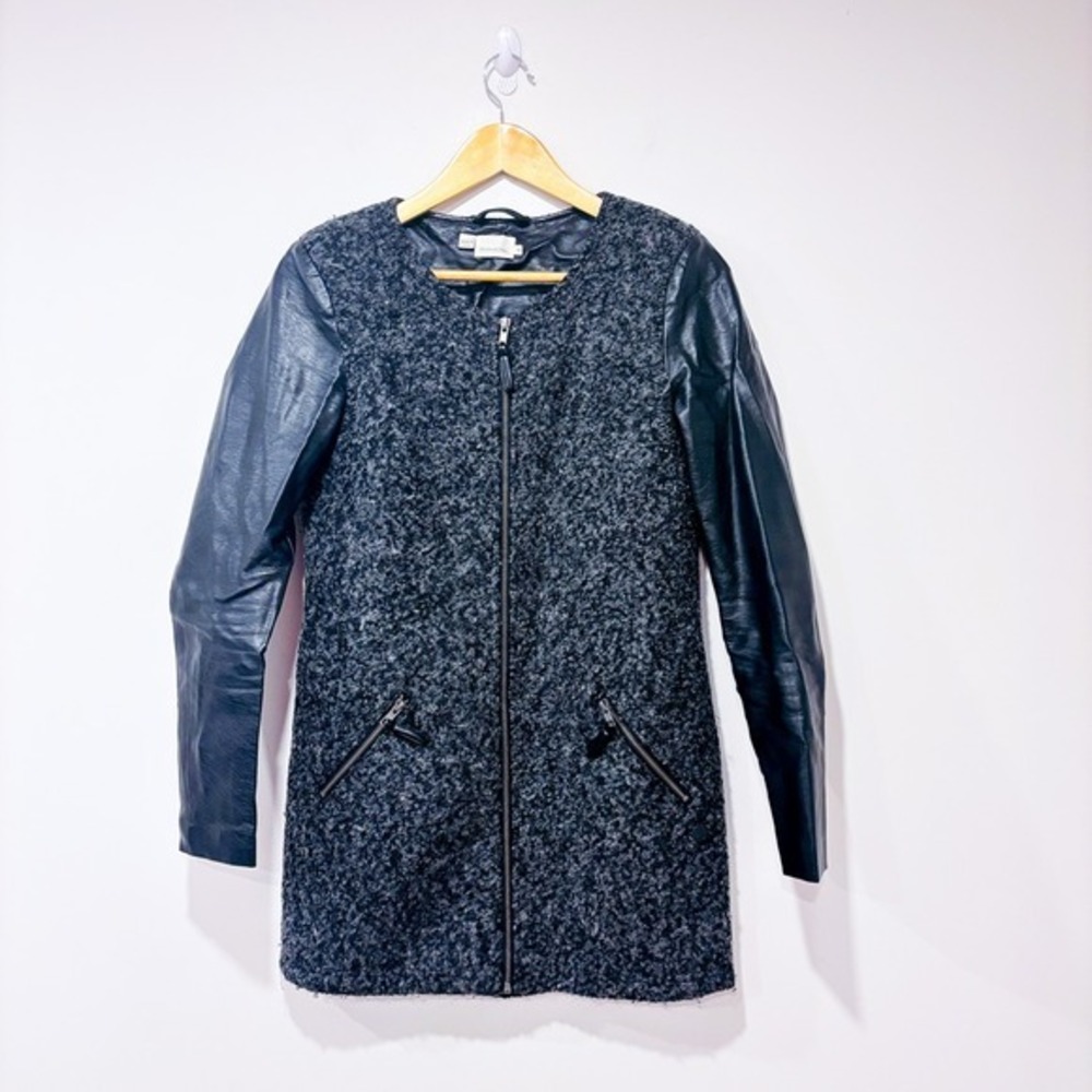 PEPPERCORN Black Textured Wool Blend Faux Leather Sleeve Moto Coat X-Small